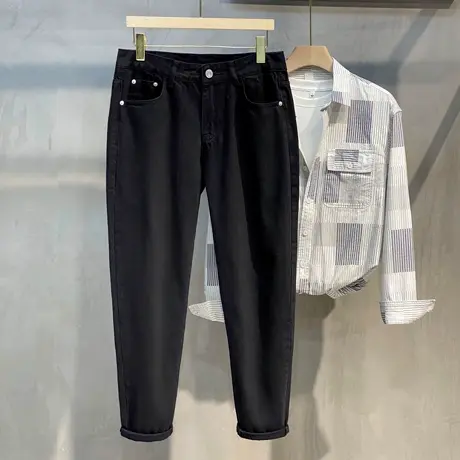 黑色高端牛仔裤男直筒九分2023新款长裤子修身小脚纯棉男裤春秋款图片