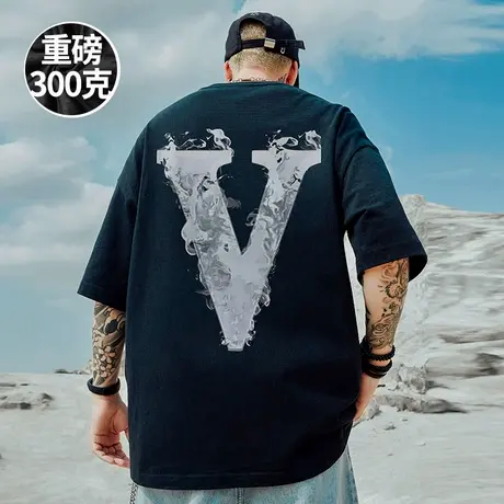 300g重磅美式v字母夏季情侣短袖t恤大码男装圆领纯棉男士半袖夏季商品大图