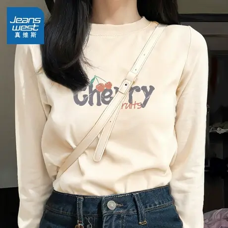 KMV真维斯圆领长袖女2025春季新款奶杏色学院风甜美百搭纯棉T恤商品大图