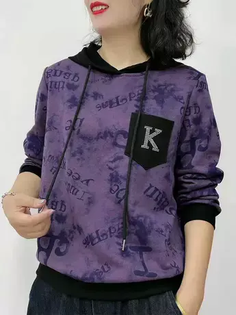 2023秋季新款时尚韩版印花百搭连帽卫衣洋气显瘦减龄长袖上衣女潮商品大图