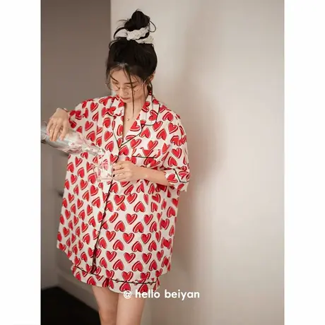 贝妍新婚睡衣女夏季薄款纯棉短袖短裤开衫套装甜美少女宽松家居服商品大图