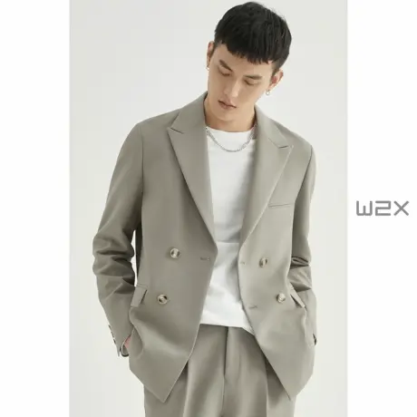 w2x春秋款枪驳领双排扣休闲西服男轻熟风小西服外套痞帅上衣单件商品大图