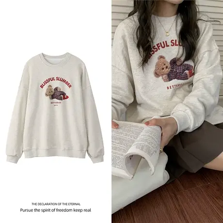 国潮加绒小熊卫衣女宽松大码oversize加厚内搭打底chic港风上衣冬商品大图