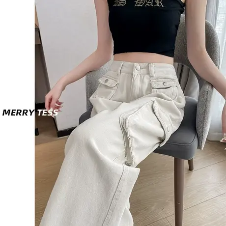 美式高街白色工装裤女夏2023新款高腰显瘦辣妹设计感小众阔腿裤潮商品大图