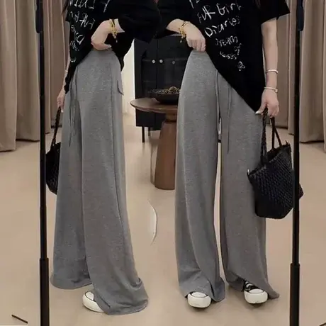 灰色抽绳休闲裤女夏季2025新款高腰显瘦直筒裤垂感拖地阔腿长裤子商品大图
