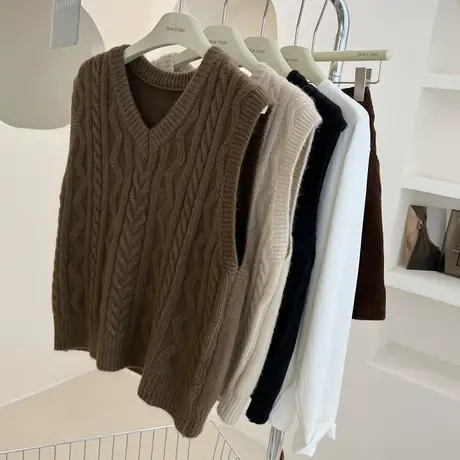 韩版宽松减龄纯色麻花纹理V领百搭毛衣马甲女内搭无袖针织背心冬商品大图