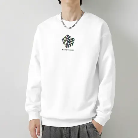 重磅纯棉卫衣男潮流印花圆领无帽长袖t恤摇粒绒日系白色宽松上衣商品大图