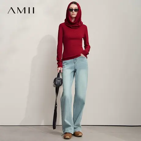 Amii2025秋新款极简纯色多造型堆堆领修身弹力长袖精纺纱毛衣女商品大图
