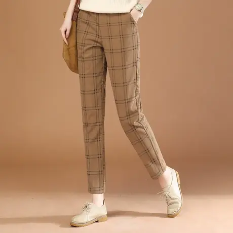韩潮袭人松紧腰格纹加绒保暖休闲裤女2023冬季新款宽松显瘦哈伦裤图片