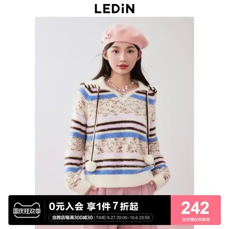 乐町软糯风翻领毛针织衫2023年冬季新款少女彩色条纹宽松套头毛衣图片