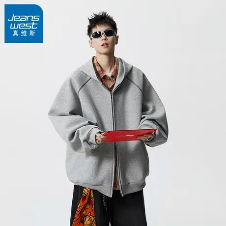 N5真维斯男士开衫卫衣2025新款秋季美式潮流宽松连帽男生春秋外套商品大图