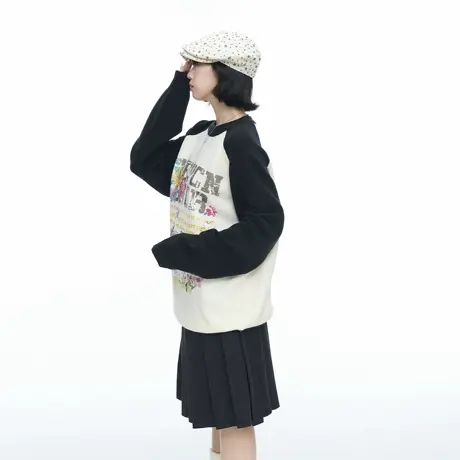 美式潮牌撞色印花插肩针织衫女秋季新款宽松慵懒松弛感情侣款毛衣图片