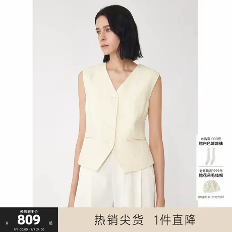 MISSCOCOON可可尼C3系列白色无袖外套25年秋款⼈字纹亚⿇棉马甲女图片