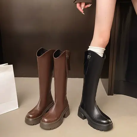 美拉德棕色V口长筒靴女高跟骑士靴复古瘦瘦靴高筒骑士靴粗跟长靴商品大图