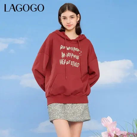 LAGOGO红色休闲卫衣女拉谷谷2024春季新款学院风字母连帽上衣商品大图