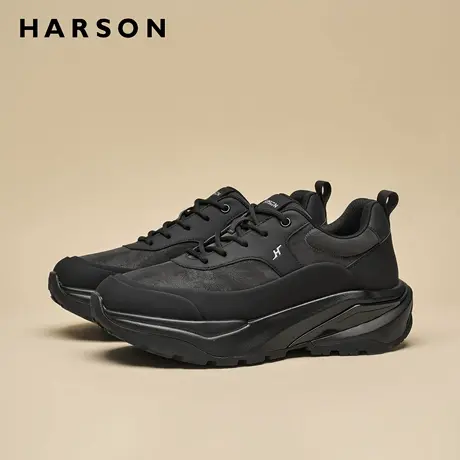 哈森男鞋秋季新款厚底老爹鞋潮流黑武士真皮运动鞋软底男士休闲鞋商品大图