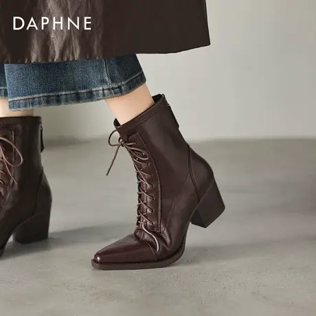 达芙妮尖头高跟短靴女2026新款冬棕色粗跟马丁靴英伦风皮靴瘦瘦靴商品大图