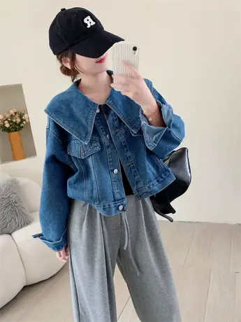 韩版减龄大翻领复古牛仔外套女秋季2023年新款百搭短款小个子上衣商品大图