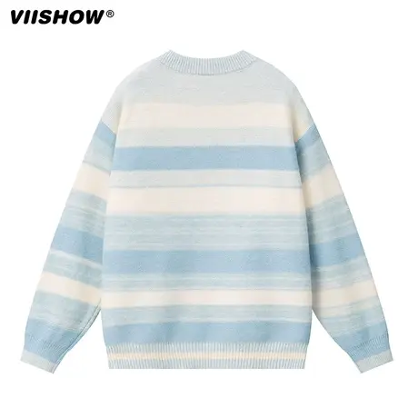 VIISHOW日系小清新渐变条纹圆领毛衣男生秋冬宽松情侣针织打底衫商品大图