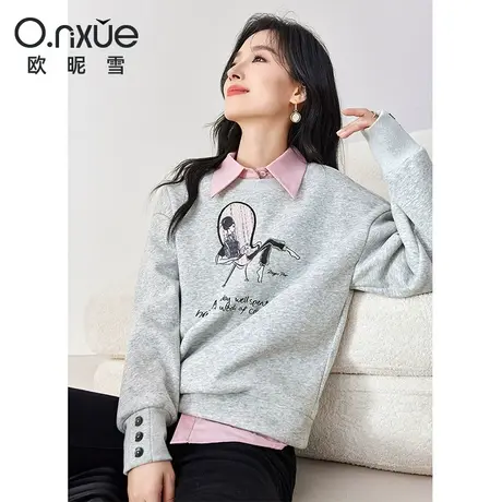 欧昵雪2023冬季新款休闲圆领烫图减龄加厚卫衣女长袖套头小众上衣商品大图