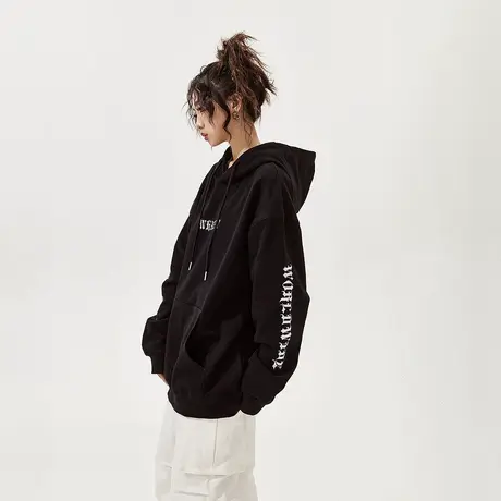 美式黑色连帽卫衣女加绒秋冬2023新款复古oversize外套上衣图片