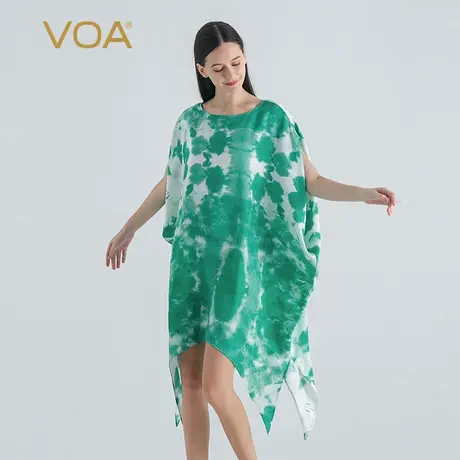 VOA桑蚕丝印花提花春绿色圆领短袖尖型下摆清爽淑女风真丝连衣裙图片