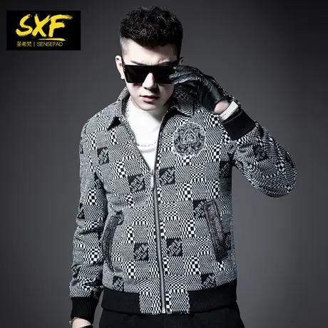 SXF圣希梵针织外套男 潮牌棋盘格提花加厚上衣服烫钻立领男士夹克图片