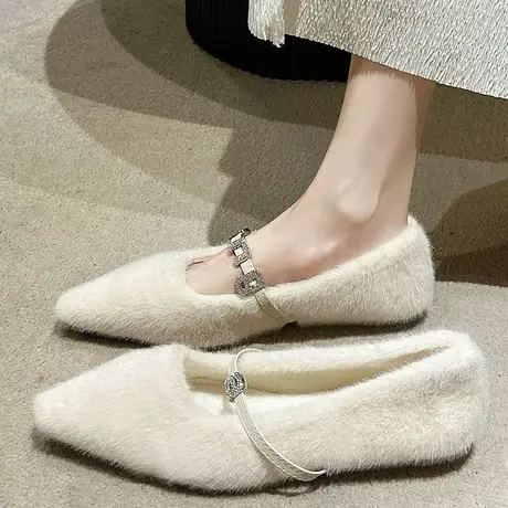 尖头毛毛鞋女秋冬外穿2023年新款法式晚风玛丽珍平底鞋加绒豆豆鞋商品大图