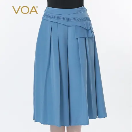 VOA30姆米重磅真丝竹月蓝不对称褶皱立体装饰阔腿桑蚕丝七分裙裤商品大图