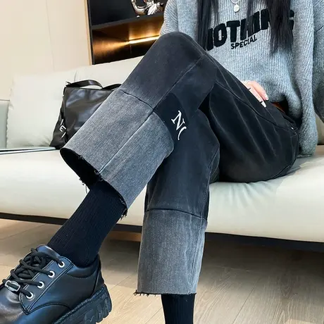 渐变色拼接加绒直筒牛仔裤女秋冬季小个子大码高腰显瘦九分烟管裤商品大图