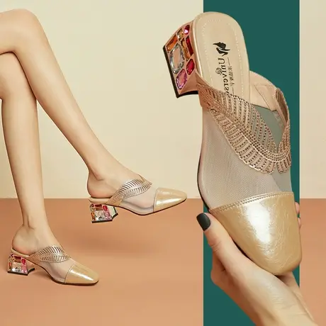 清仓女鞋真皮包头网纱凉拖鞋女外穿粗跟高跟鞋方头拖鞋女M100商品大图