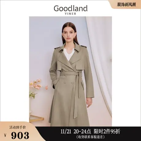 Goodland美地女装2023秋季英伦双排扣麂皮垂顺肌理风衣外套商品大图