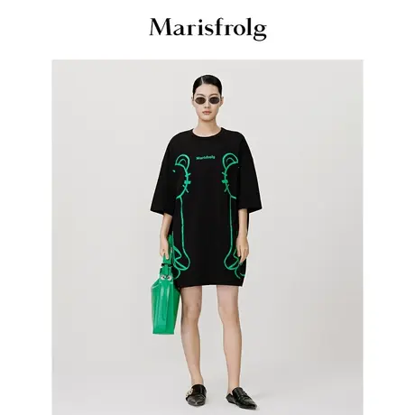 玛丝菲尔夏款艺术家联名款涂鸦黑色小众设计感女t恤裙中长款短袖图片