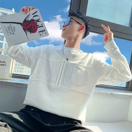 圆领卫衣男士春秋季潮牌ins拼接个性T恤潮流青少年百搭运动上衣图片