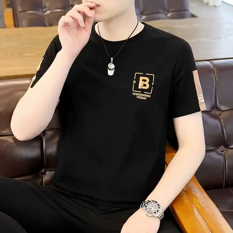 正肩纯棉短袖t恤男夏季薄款内搭2023新款宽松黑色t桖修身上衣潮流商品大图