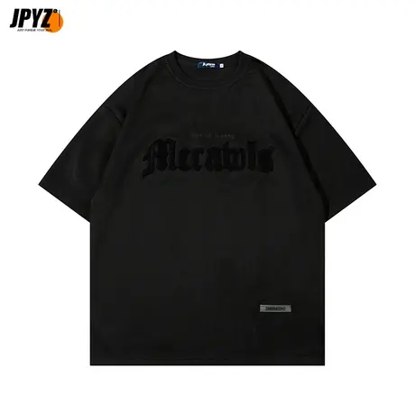 夏季新款男潮绣花麂皮绒短袖休闲宽松简约上衣纯棉重磅圆领insT恤商品大图