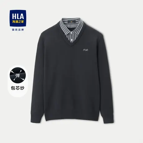 HLA/海澜之家双领针织衫2023秋冬纯色保暖套头衫假两件男商品大图