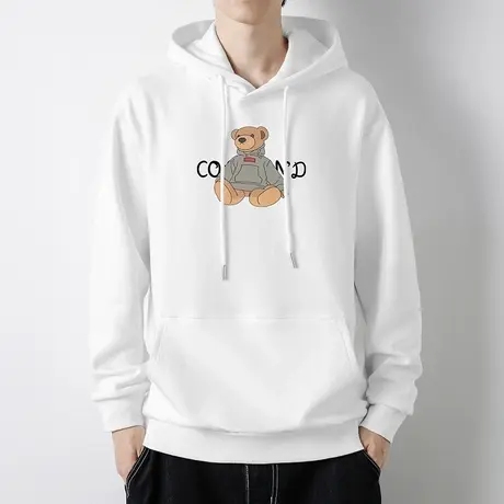 连帽卫衣男2024新款秋冬加绒加厚白色长袖带帽衫小熊印花外套宽松商品大图