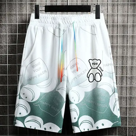 华夫格短裤男夏季潮牌印花冰丝五分裤子男学生潮流宽松运动休闲裤商品大图