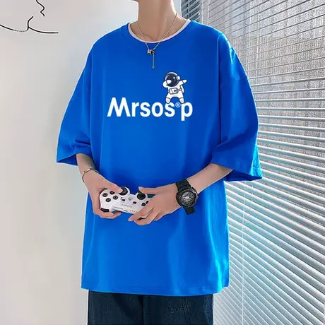 2024夏季新款男士短袖t恤潮流ins纯棉宽松克莱因蓝宇航员字母半袖商品大图