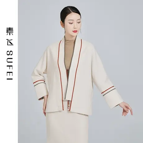 素飞唐装女中国风毛呢外套短款2023春新款不规则对襟宽松上衣茶服图片