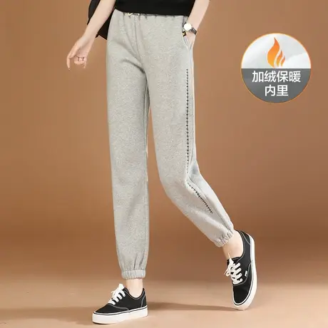 韩潮袭人松紧腰刺绣加绒灰色卫裤女2023冬新款显瘦运动休闲束脚裤图片