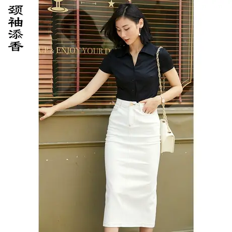 颈袖添香2023秋季新款衬衫时尚OL修身装气质时尚短袖上衣图片