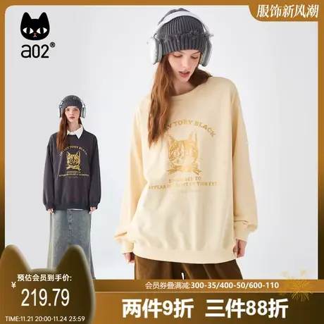 a02秋冬新款加绒圆领卫衣时尚休闲百搭猫咪印花宽松复古圆领上衣商品大图