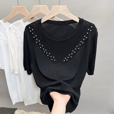 圆领冰丝针织衫女2023春夏秋新款外穿镂空钉珠上衣薄中袖t恤衫潮图片