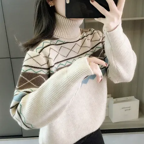 高领套头毛衣女秋冬季2024新款宽松打底衫加厚针织衫复古洋气上衣商品大图