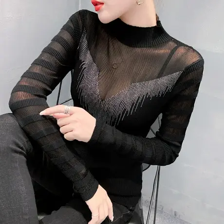 网纱拼接镂空针织衫性感透视烫钻洋气上衣紧身内搭打底毛衣女秋冬图片