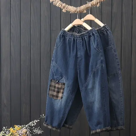 夏季2023新款七分牛仔裤女装复古拼接休闲裤松紧腰宽松显瘦哈伦裤图片