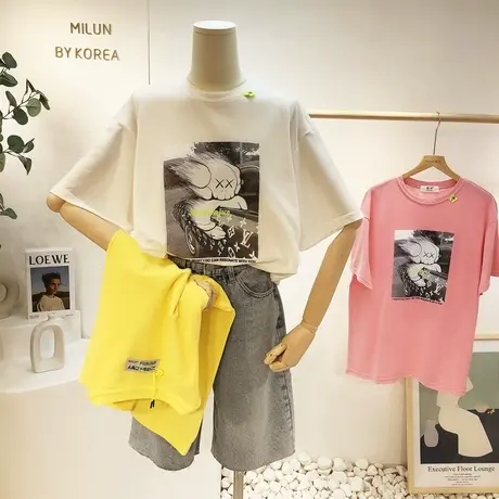 2021春夏新款韩国东大门原宿风日系卡通ins短袖T恤小众设计感宽松图片