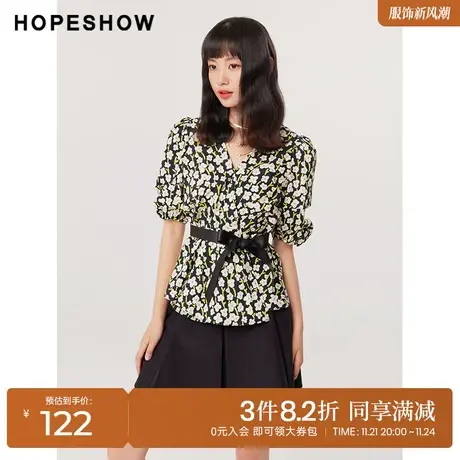 红袖outlets印花V领套头上衣hopeshow2023秋装新款收腰雪纺衫女图片